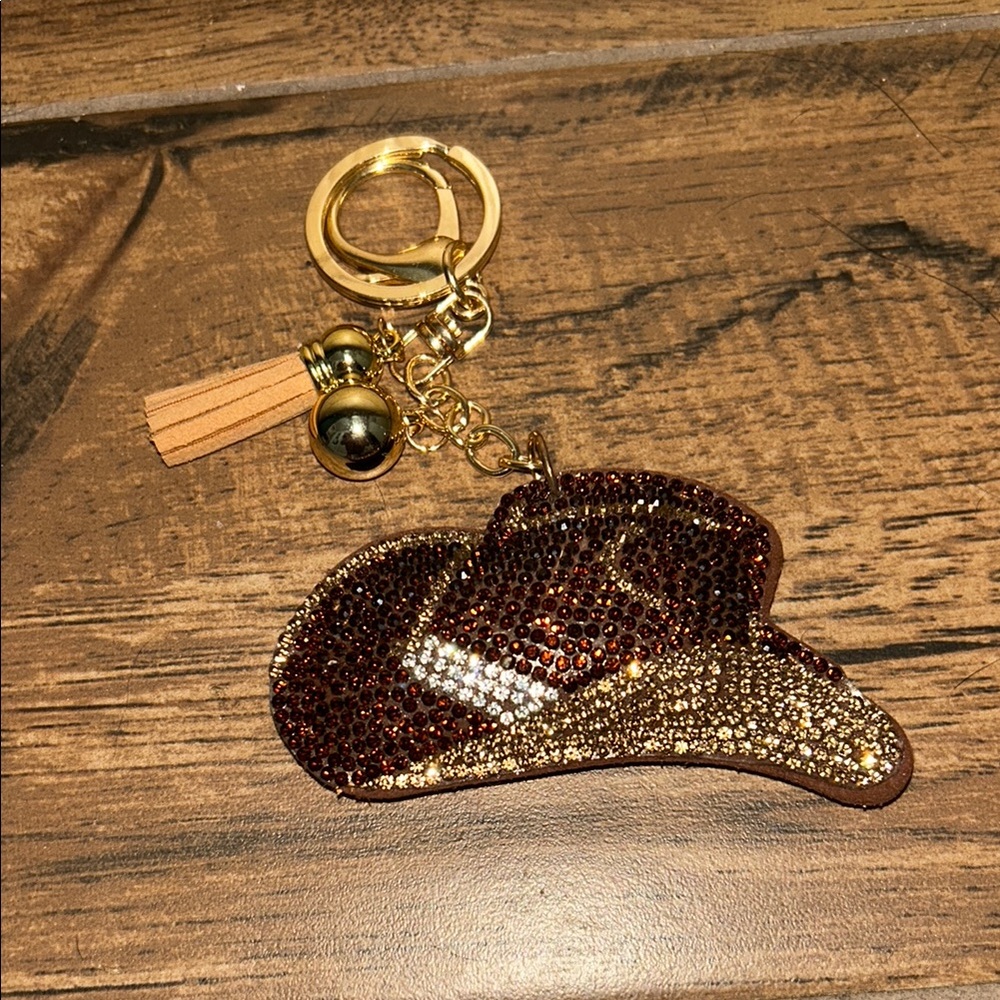 Brown and Gold Cowboy Hat Rhinestone Keychain